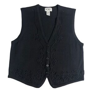 Vintage Koret Sweater Vest Womens Medium Black Floral Soutache Embroidered Knit